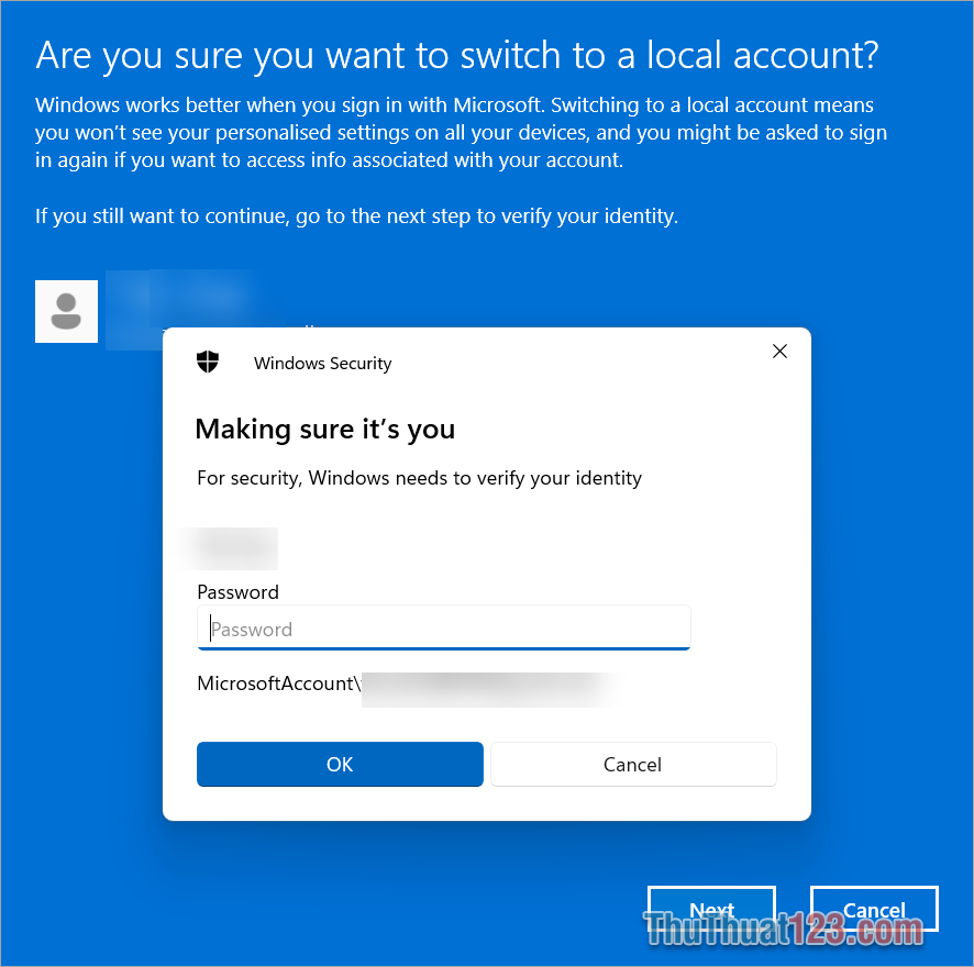 Nhập đúng mật khẩu máy tính hiện tại để thực hiện việc xóa tài khoản Microsoft khỏi máy tính