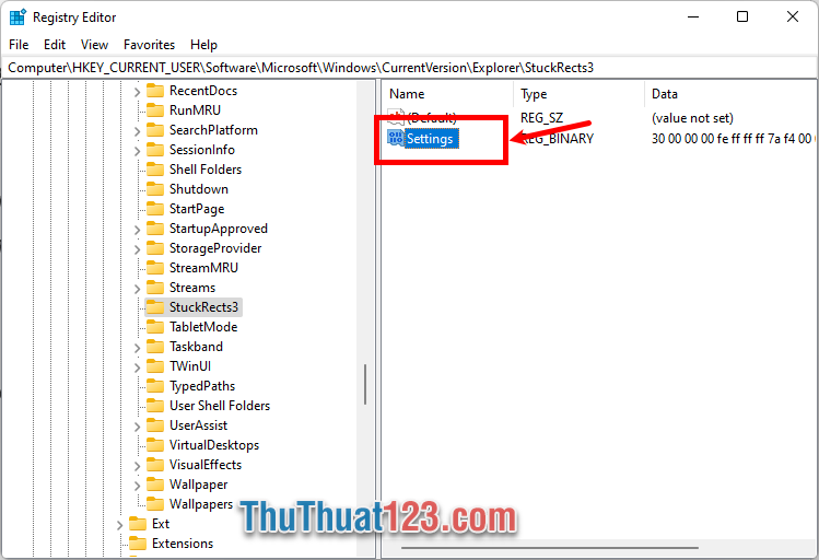 Nhấp đúp chuột trái vào mục Settings của thư mục StuckRects3 Nhấp đúp chuột trái vào mục Settings của thư mục StuckRects3
