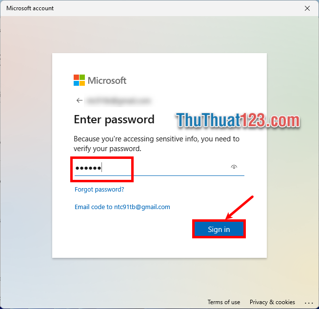 Nhập mật khẩu tài khoản Microsoft và chọn Sign in