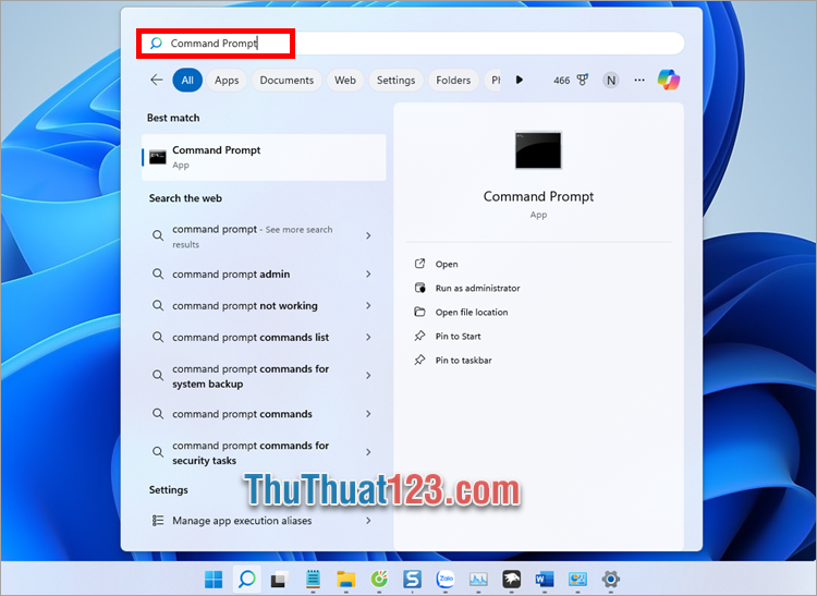 Nhập từ khóa Command Prompt trong phần tìm kiếm của Windows 11