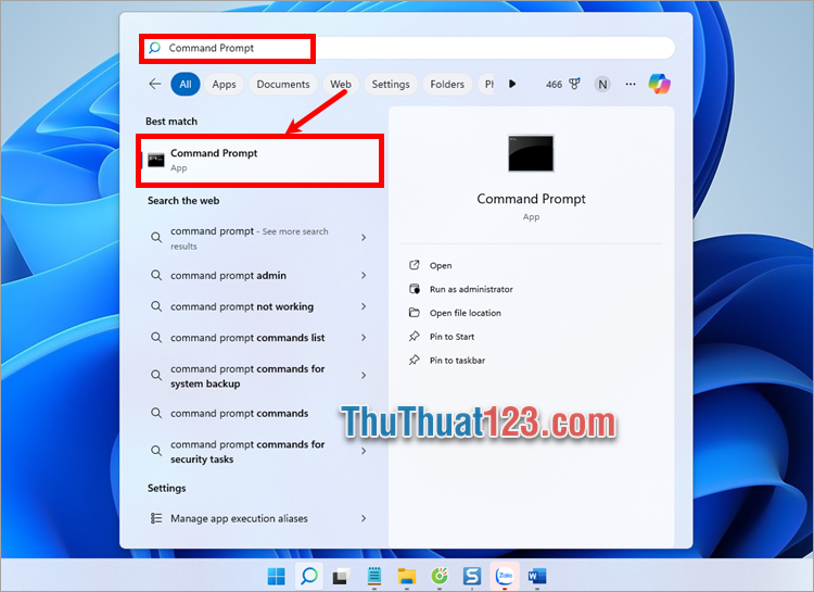Nhập từ khóa Command Prompt vào thanh tìm kiếm của Windows 11