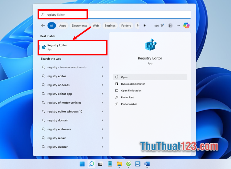 Nhập từ khóa Registry trong phần tìm kiếm của Windows 11 Nhập từ khóa Registry trong phần tìm kiếm của Windows 11