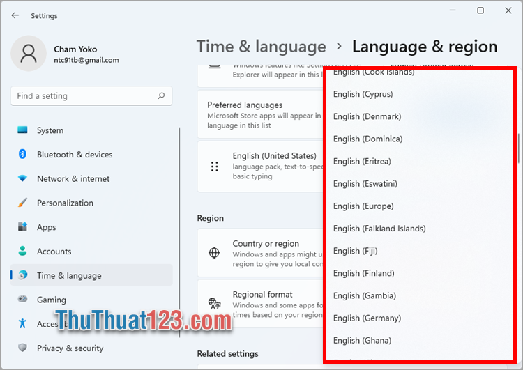 Sau đó các tùy chọn khu vực được hiển thị, bạn chọn khu vực bạn muốn