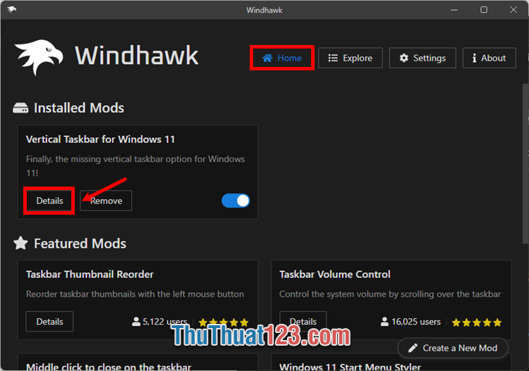 Sau khi cài đặt xong chọn Home → Detail trong phần Vertical Taskbar for Windows 11 Sau khi cài đặt xong chọn Home → Detail trong phần Vertical Taskbar for Windows 11