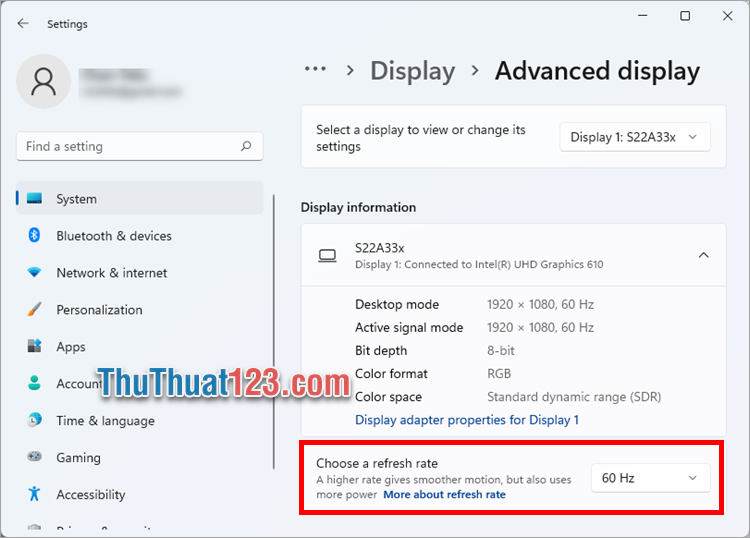 Thấy tần số quét màn hình trên Windows 11 trong phần Choose a refresh rate