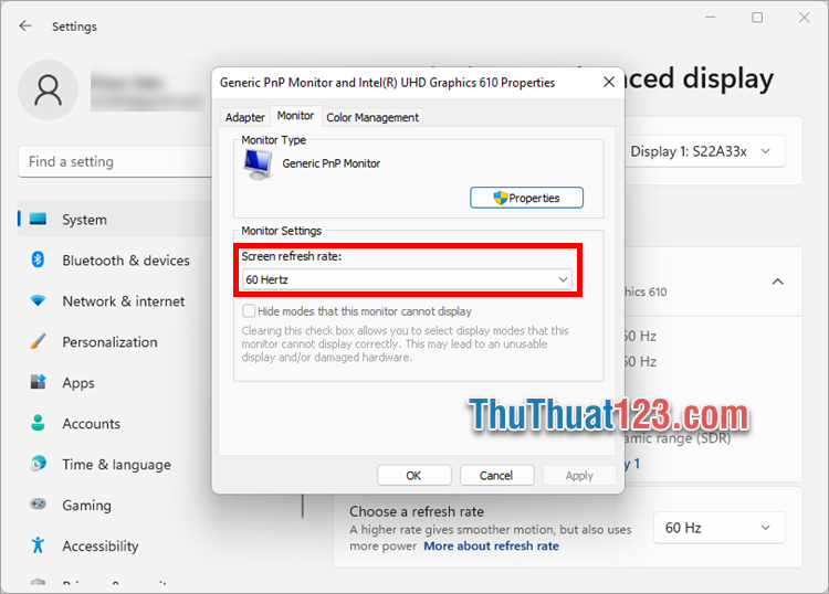 Thấy tần số quét màn hình trên Windows 11 trong phần Screen refresh rate