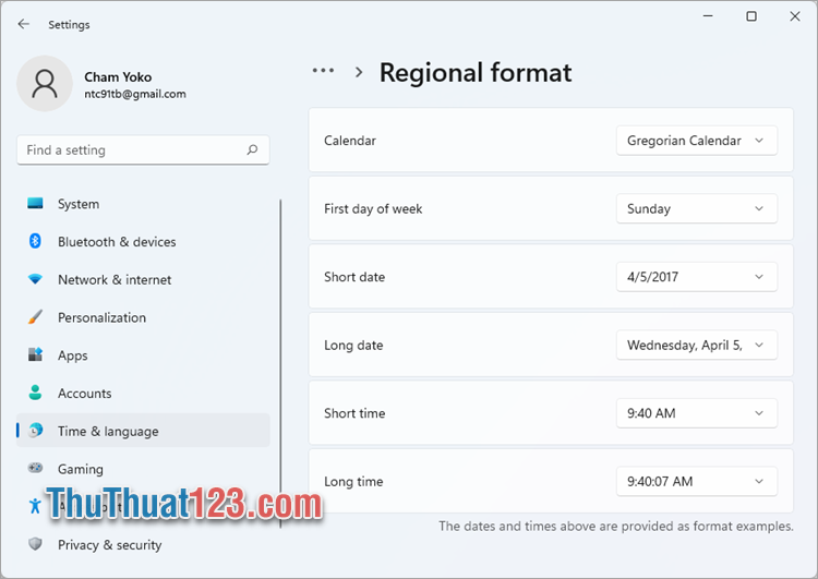 Thực hiện thay đổi định dạng thời gian, ngày giờ trong phần Regional format