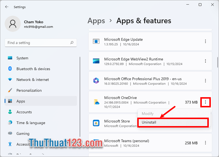 Tìm đến Microsoft OneDrive, nhấn chọn biểu tượng dấu 3 chấm dọc và chọn Uninstall