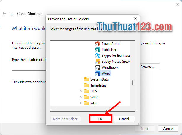 Tìm đến ứng dụng mà bạn cần đưa icon ra desktop và nhấn OK