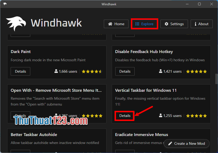 Trên giao diện Windhawk đã cài đặt, chọn Explore và ấn Details Trên giao diện Windhawk đã cài đặt, chọn Explore và ấn Details
