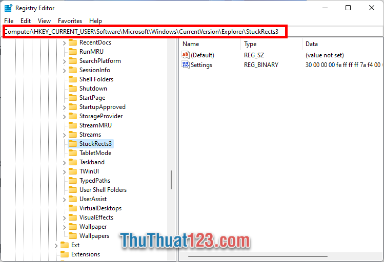 Xuất hiện cửa sổ Registry Editor, điều hướng đến StuckRects3 theo địa chỉ Xuất hiện cửa sổ Registry Editor, điều hướng đến StuckRects3 theo địa chỉ