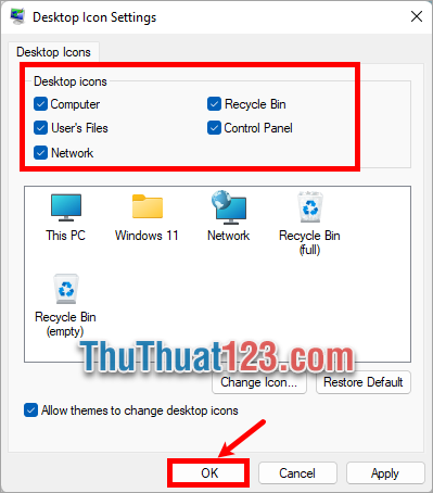 Xuất hiện Desktop icon settings, tích chọn các icon đưa ra desktop và ấn OK