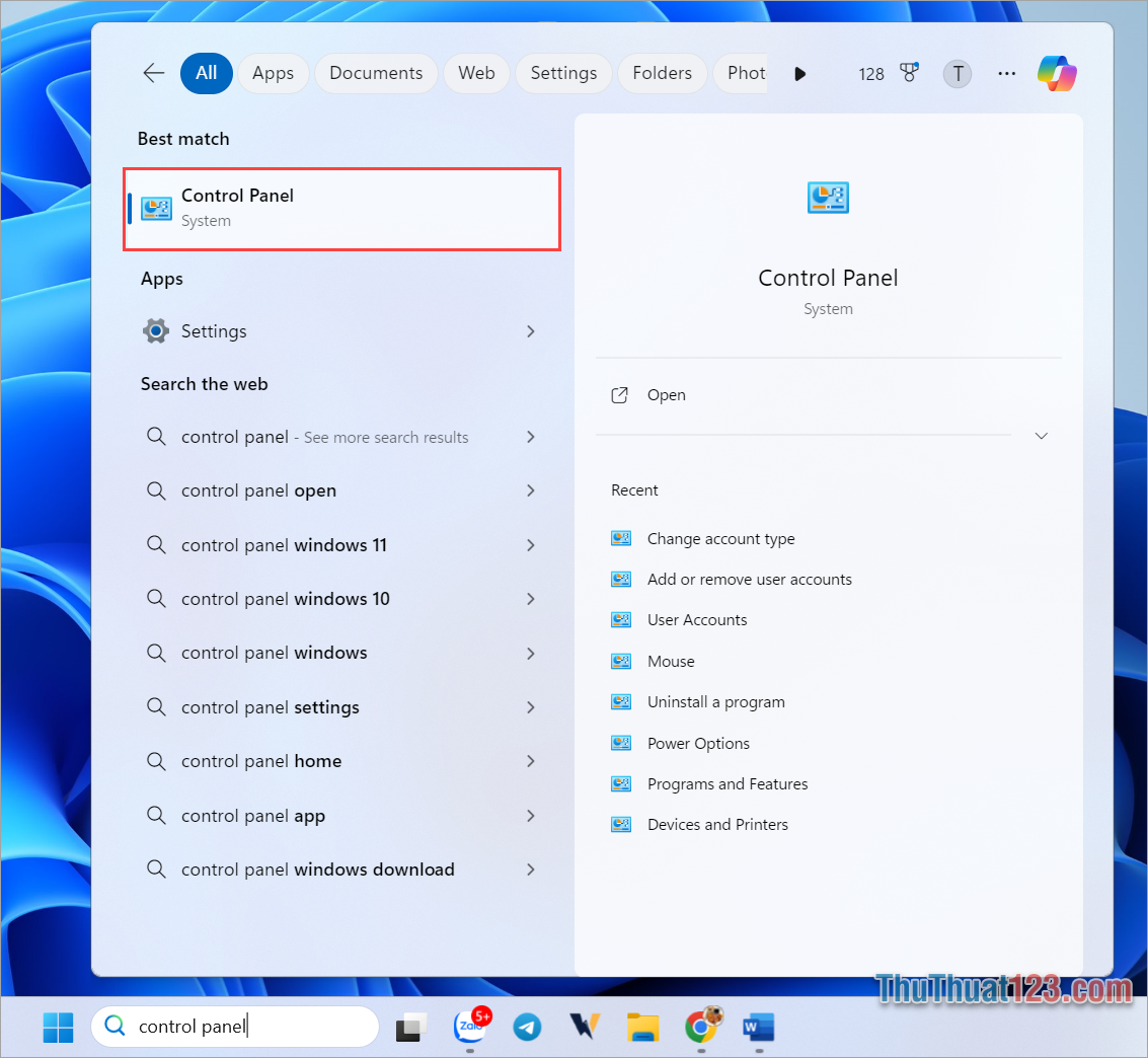 Bạn nhập từ khóa Control Panel vào cửa sổ tìm kiếm để mở