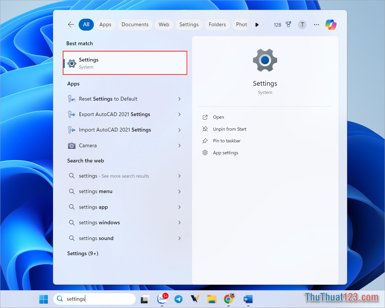 Bạn nhập từ khóa Settings trong cửa sổ tìm kiếm để mở cài đặt trên máy tính Windows