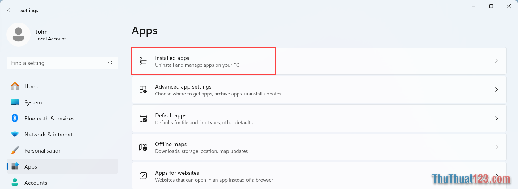 Chọn mục Apps và chọn Installed Apps để xem các ứng dụng đã được cài đặt