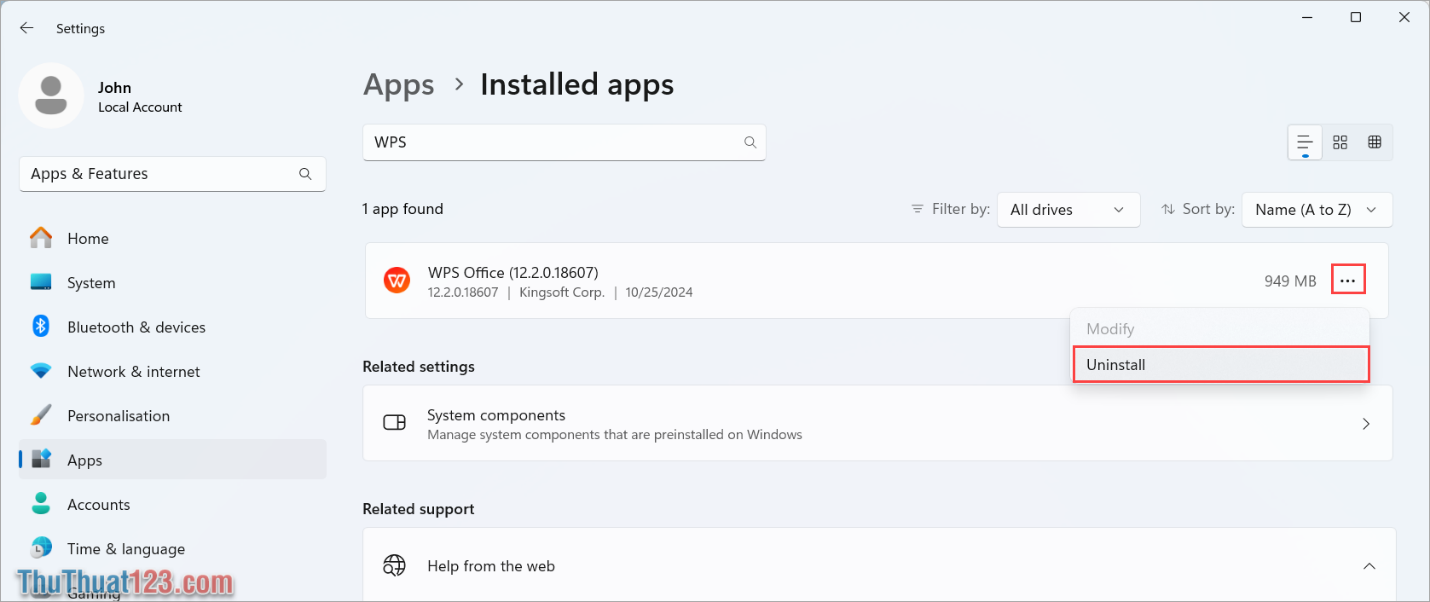 Chọn mục Tùy chọn → Uninstall để thực hiện gỡ ứng dụng trên máy tính Windows 11