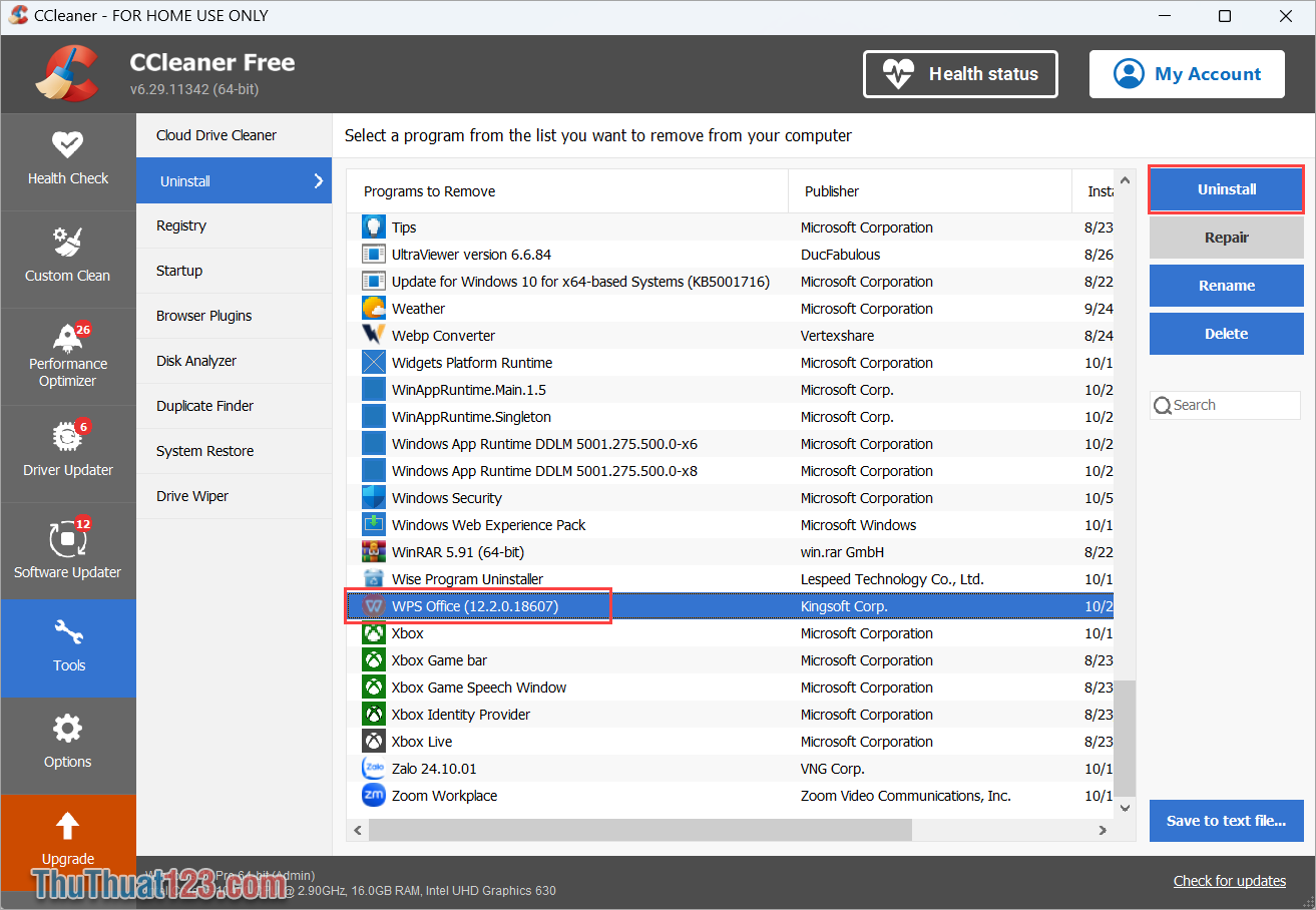 Chọn Tools và chọn WPS Office → Uninstall để gỡ ứng dụng
