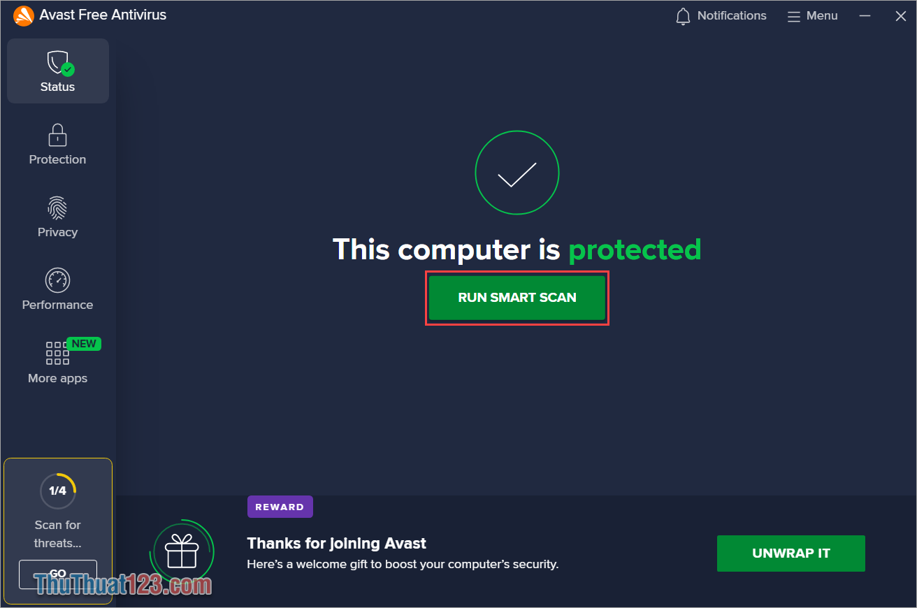 Khởi động phần mềm và chọn Run Smart Scan để tiến hành quét và diệt Virus