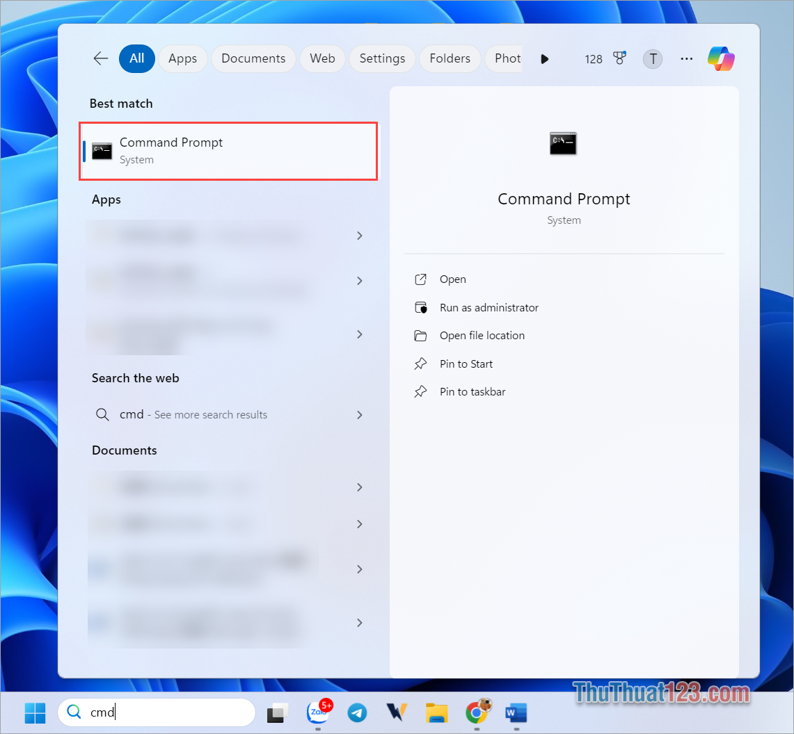 Nhập CMD vào thanh tìm kiếm trên Windows 11 để khởi động Command Prompt
