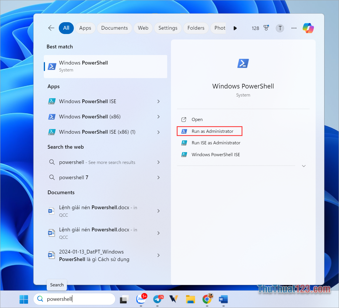Nhập PowerShell vào thanh tìm kiếm và chọn Run as administrator để mở với quyền Admin