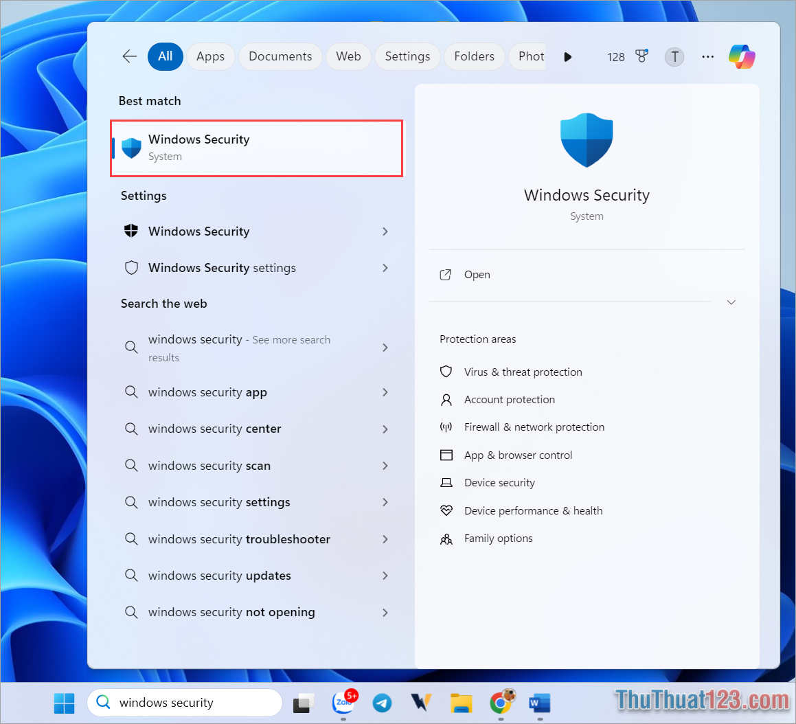Nhập từ khóa Windows Security vào thanh tìm kiếm để khởi động công cụ