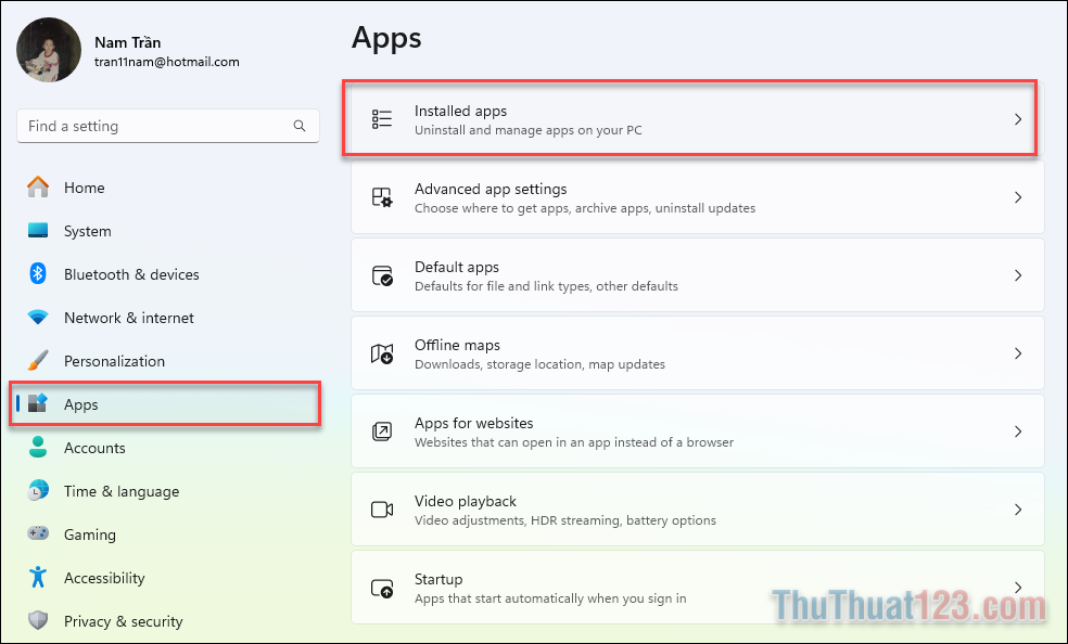 Chọn nút Apps ở cột bên trái, sau đó bấm vào Installed apps
