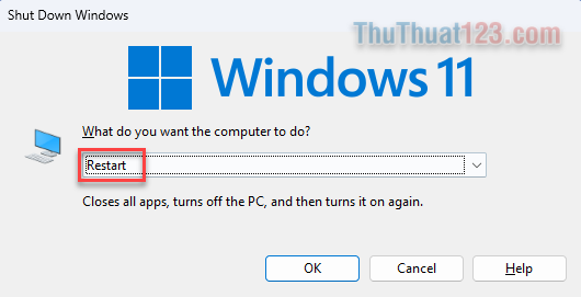 Chọn nút Restart từ menu thả xuống