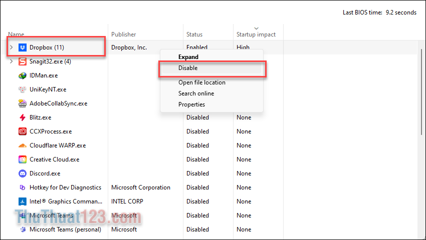 Nhấp chuột phải vào ứng dụng không có nhu cầu khởi động cùng Windows, rồi chọn Disable