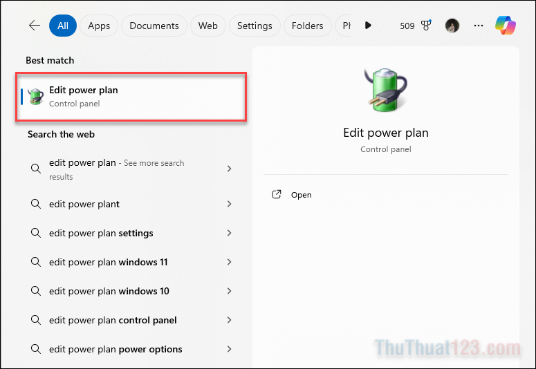 Nhập “Edit power plan” vào thanh tìm kiếm