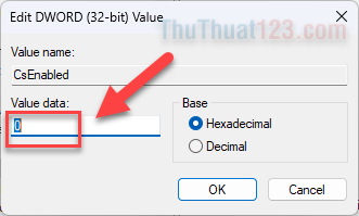 Thay đổi Value data từ “1” sang “0”  Nhấn OK