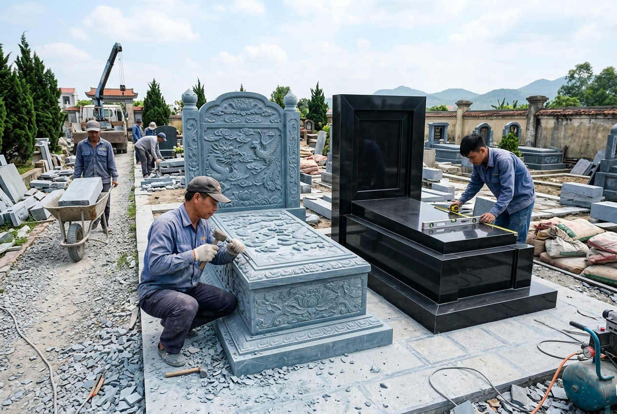 Chất liệu đá, độ phức tạp của hoa văn và vị trí lắp đặt công trình là những yếu tố ảnh hưởng đến chi phí lăng mộ đá